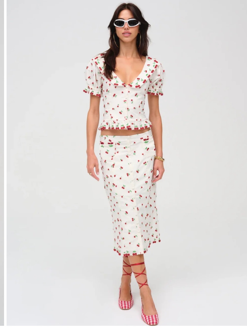 For Love & Lemons White Cherry-Print Midi Skirt collar shirt set